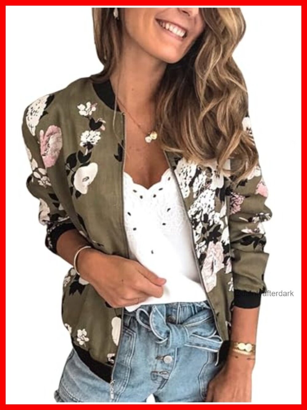 ECOWISH Women's Floral Quilted Bomber Jacket Zip Up Lightweight Pockets